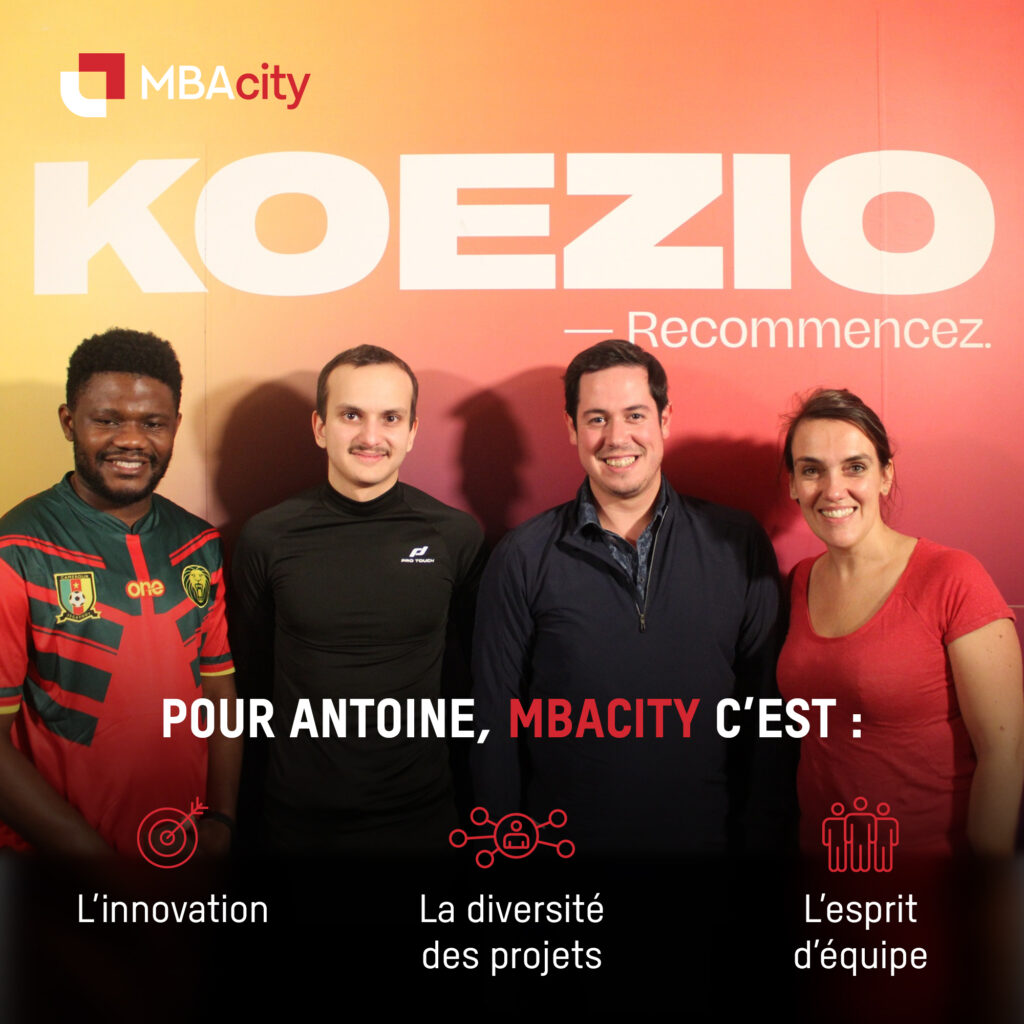 photo de 4 collaborateurs MBAcity, dont Antoine, étudiant en génie civil